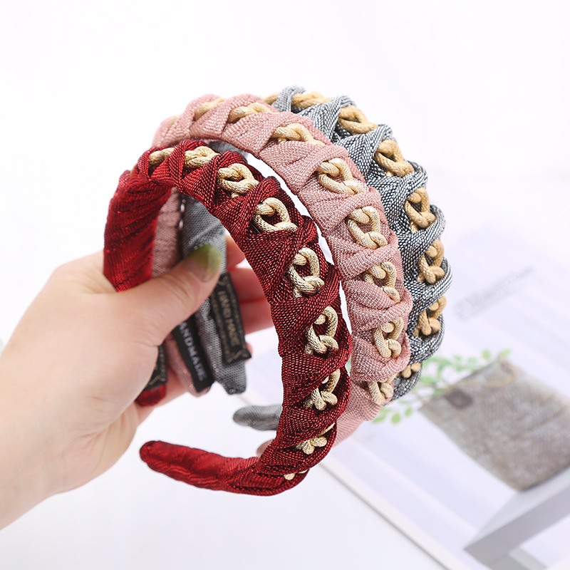 European and American Hot Chain Woven Fabric Headband Women's Amazon Fashion Simple Hair Pressing Headwear Wide-Brimmed Hair Band Hair Accessories