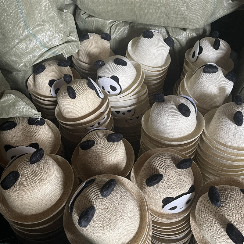 Factory Direct Sales Children's Straw Hat Summer Korean Style Panda Cartoon Sun Hat Outdoor Travel Baby Parent-Child Sun Hat