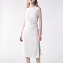 优雅气质高级感小白裙一字肩无袖简约褶皱开叉礼服裙中长款连衣裙