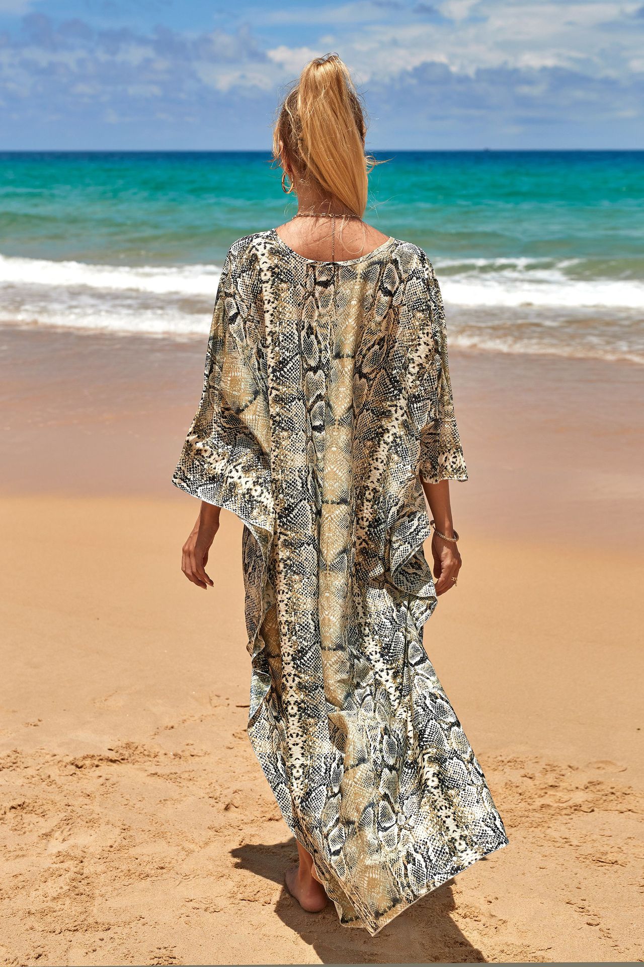 新款欧美斑马纹长袍沙滩罩衫海边度假防晒长裙比基尼罩衫泳衣外搭