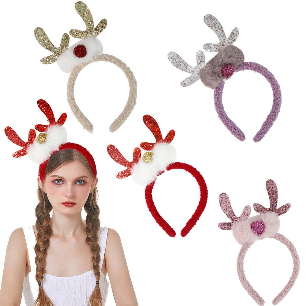 Christmas Fluffy Hair Band Adult and Children Christmas Party Decorative Head Hoop Headwear Sequins Antlers Head Buckle