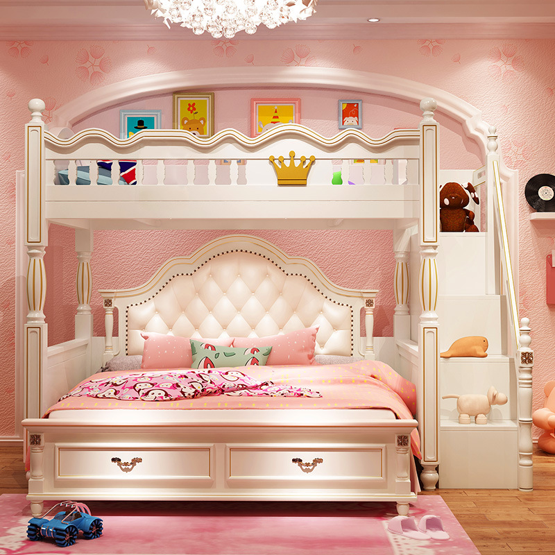 儿童房高低床小户型公主床女孩交错式上下床双层床书桌衣柜一体床