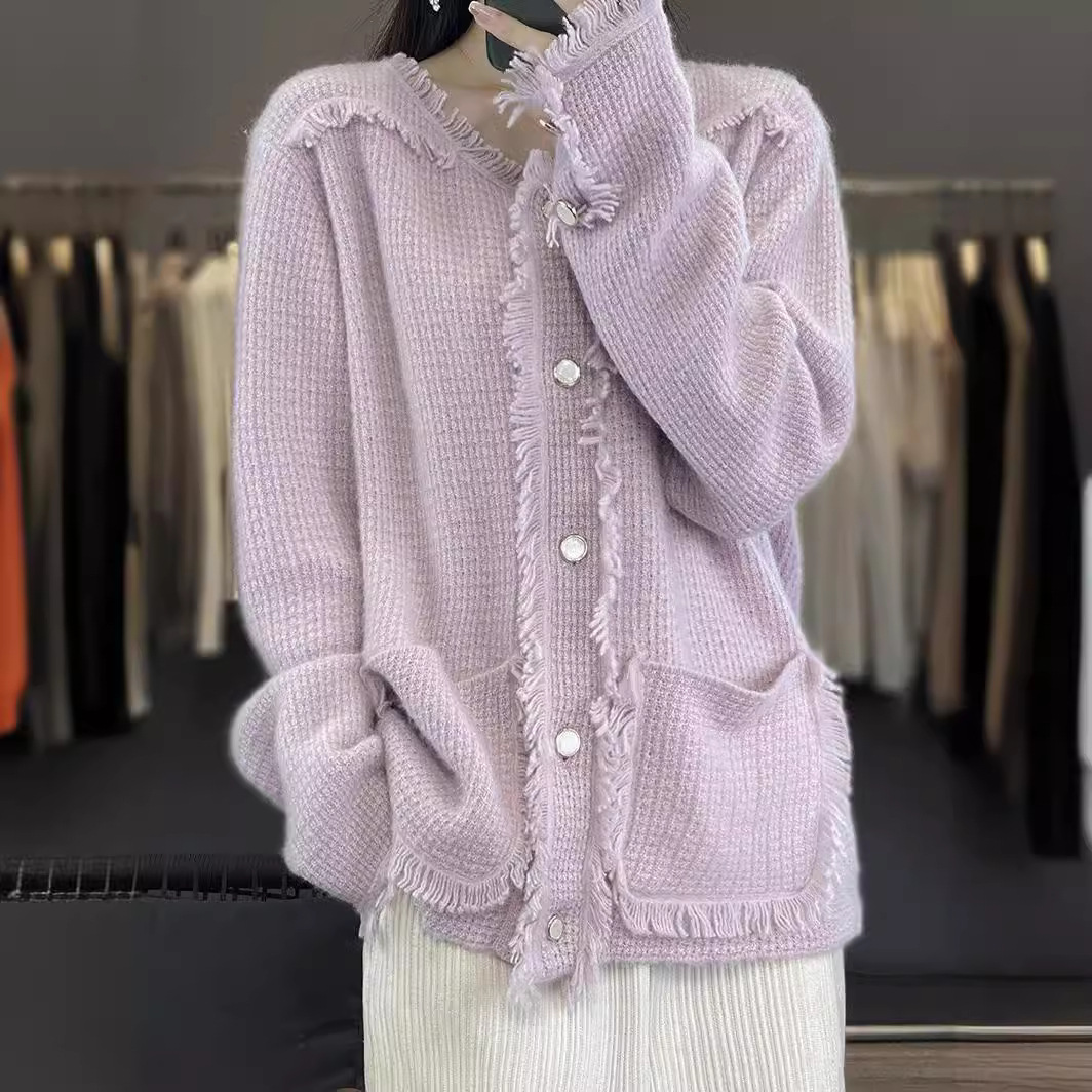 羊毛开衫女士v领纯色外搭毛衣秋冬新款毛边带兜羊绒针织外套-阿里巴巴