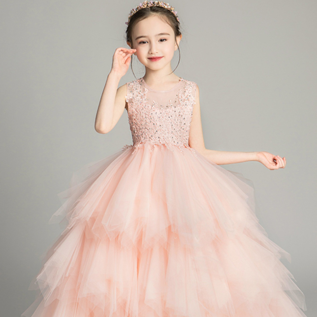 跨境儿童礼服女童公主裙蓬蓬纱洋气花童婚纱主持人钢琴演出服走秀