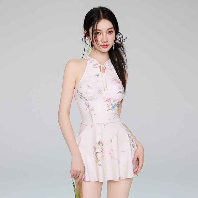 新款连体泳衣女修身显瘦遮肚子国风旗袍领设计感休闲跨境一件代发