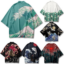 夏季休闲开衫日系浮世绘浪花和服披风3D数码印花居家浴袍羽织男士