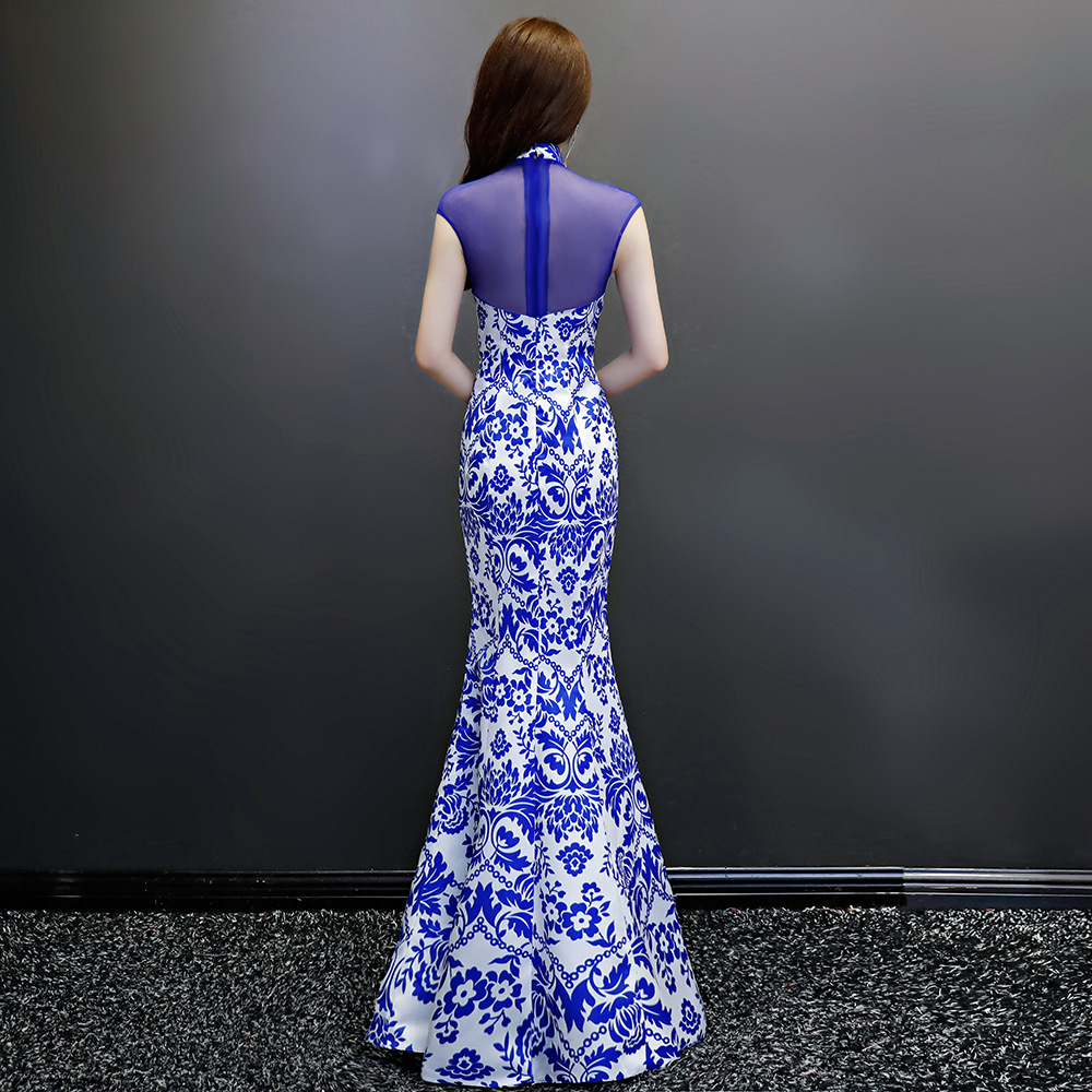 青花瓷走秀晚礼服紫缘萱宴会女长款模特团队演出服鱼尾改良旗袍夏