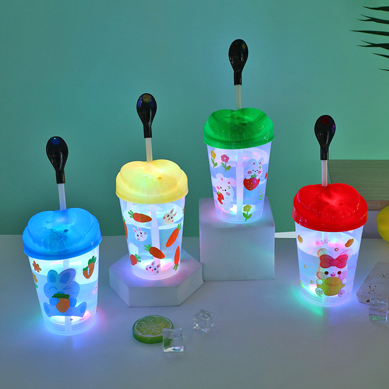 Cartoon Cute Baby Cup with Straw Luminous Children's Drinking Cup PP Straw Good-looking Water Cup Student Plastic Cup