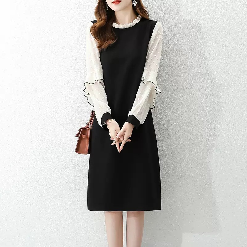 2024年秋季新款宽松显瘦气质假两件中长裙圆领长袖拼接连衣裙