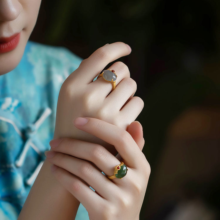 New Shunxin Ruyi Imitation Hetian Jade Ring Women's Gold-Plated Retro Ethnic Style Open Index Finger Ring National Fashion Jewelry