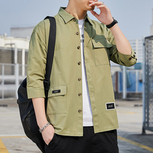 代发2022春季新款男士衬衣青少年韩版学生潮牌工装七分袖衬衫外套