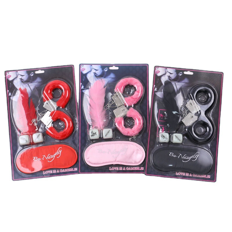 Factory Direct Sales Adult Sexy Four-Piece Plush Handcuffs Blindfold Dice Feather Combination Couple Flirting Supplies