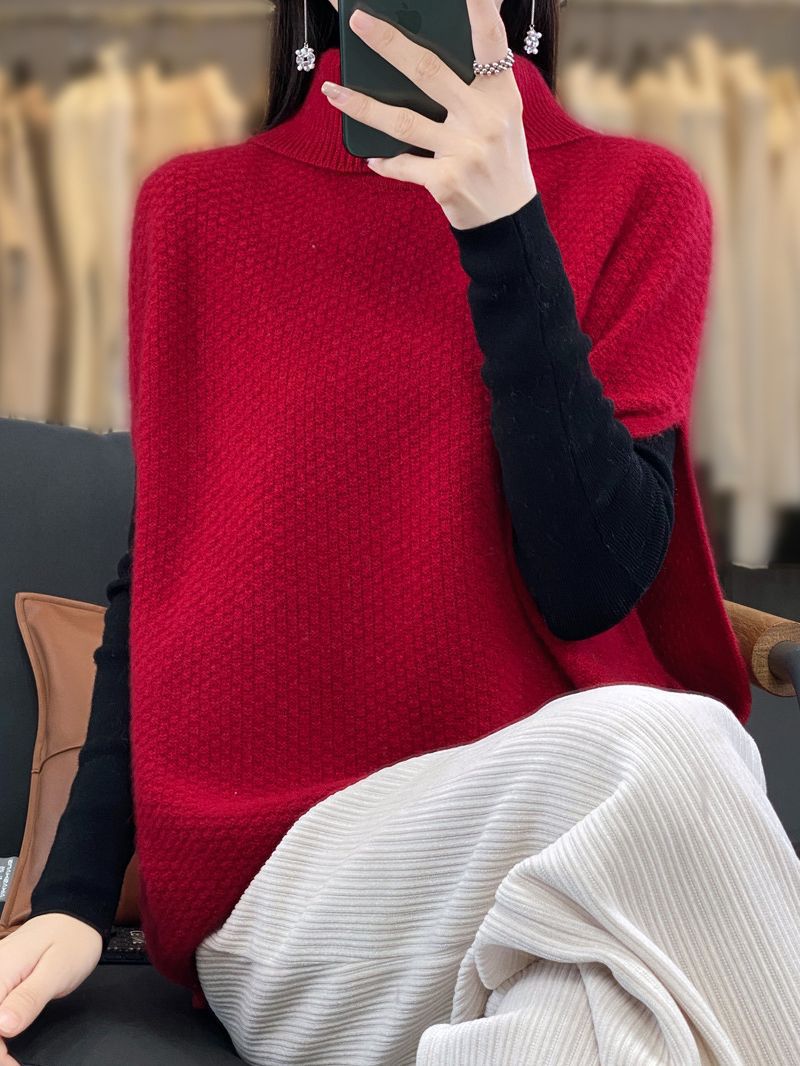 慵懒风纯羊毛针织马甲背心女落肩毛衣宽松高翻领外穿无袖绒衫坎肩