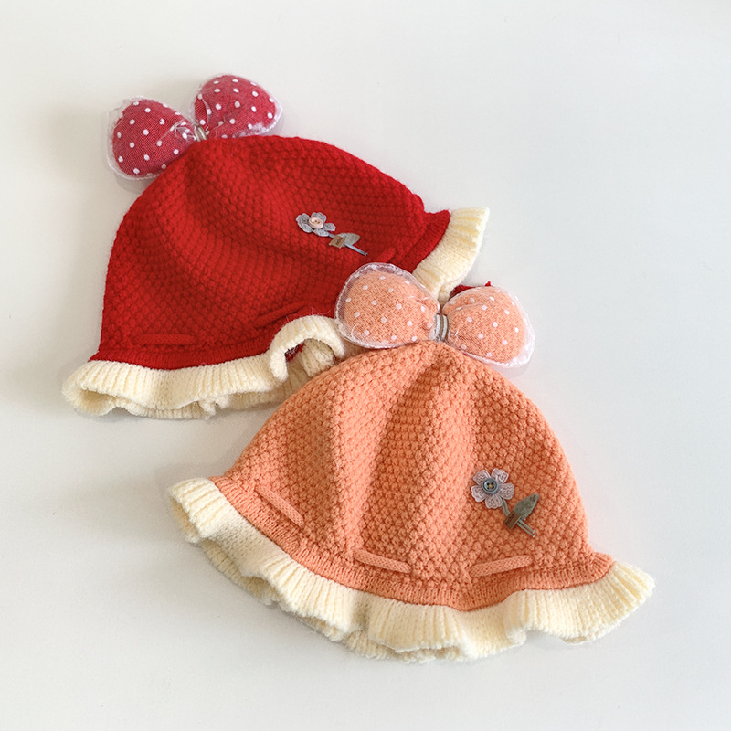 花朵蕾丝蝴蝶结婴儿帽子秋冬季儿童女宝宝毛线帽春秋款保暖公主帽