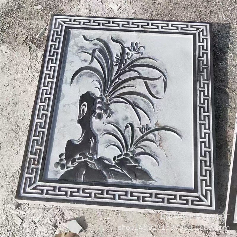 石头雕刻浮雕玄关荷花鱼屏风梅兰竹菊五福字临门壁画墙壁装饰雕塑
