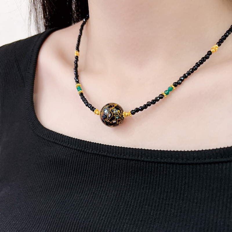 纯银s925新中式复古锁骨链女款设计感优雅天然绿玛瑙大漆珠项链