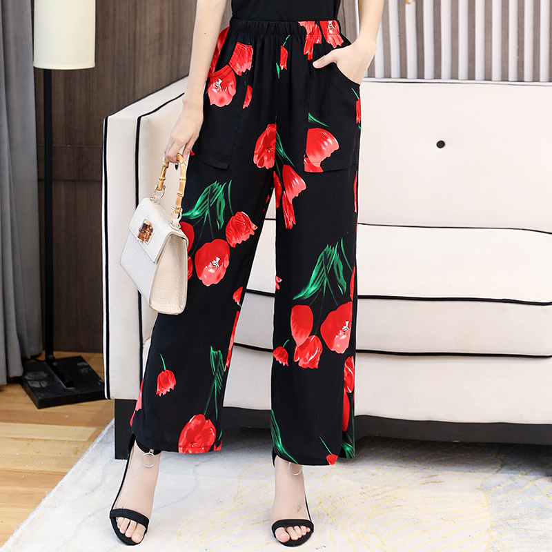 妈妈装九分裤棉绸花裤夏季薄款中老年女裤子中年松紧高腰女装夏装