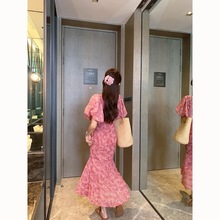 PINK DAISY韩国东大门粉色碎花连衣裙气质花苞袖雪纺短袖法式长裙
