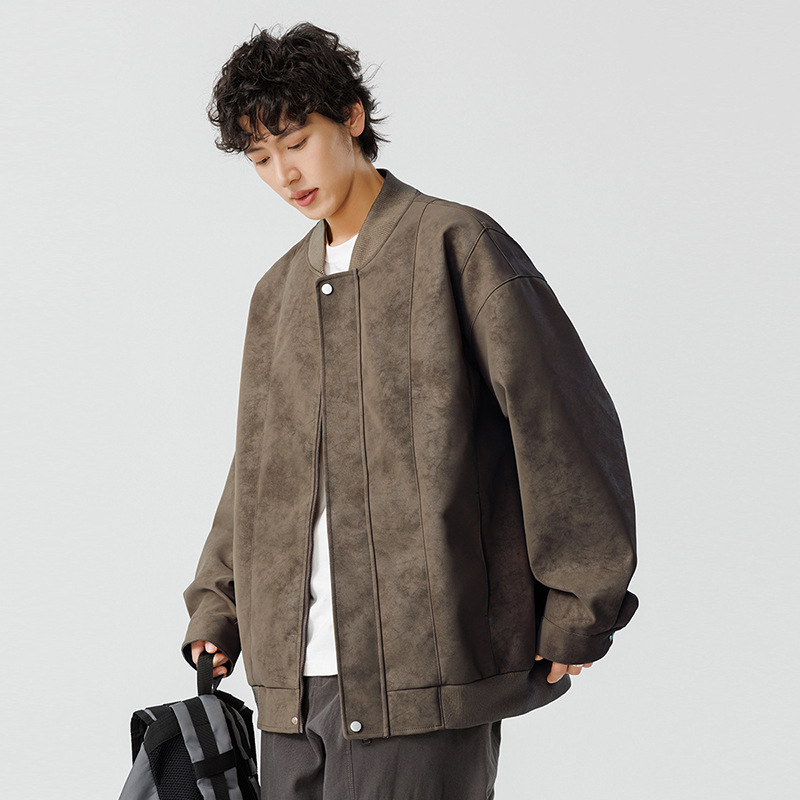 夹克男春季潮流pu男装复古麂皮服装棒球领衣服休闲男士皮衣外套潮