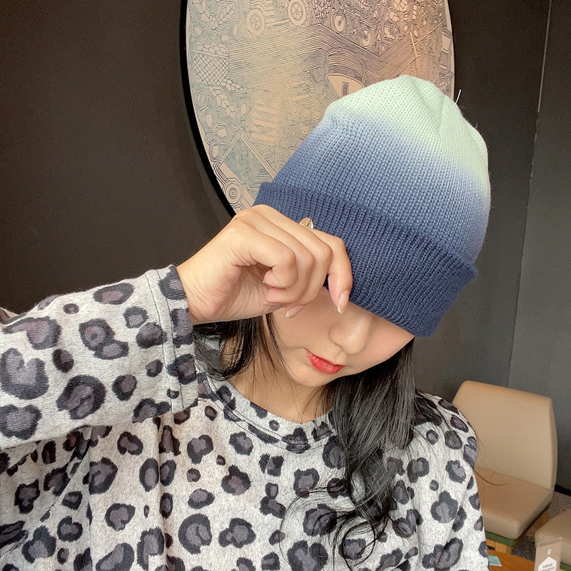 Gradient Color Texture Small Icon Knitted Hat 2021 Autumn and Winter New Dome Ins Warm Woolen Hat Sleeve Cap