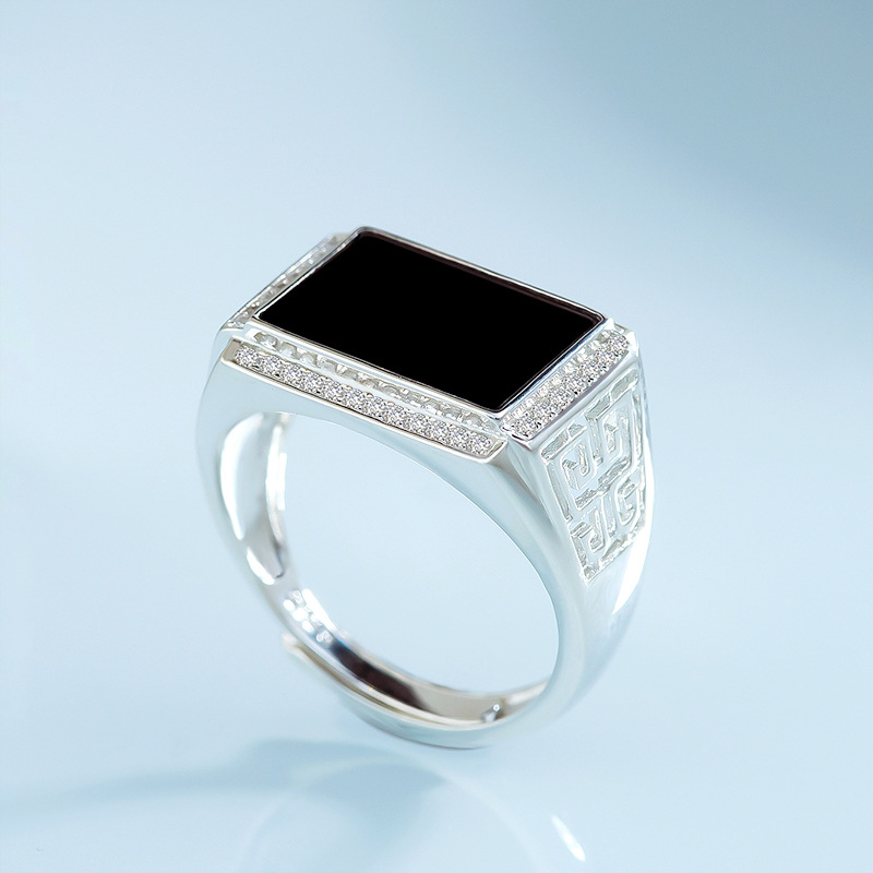 s925银镶嵌天然墨翠a货翡翠墨玉马鞍戒男戒指玉石时尚指环可调节