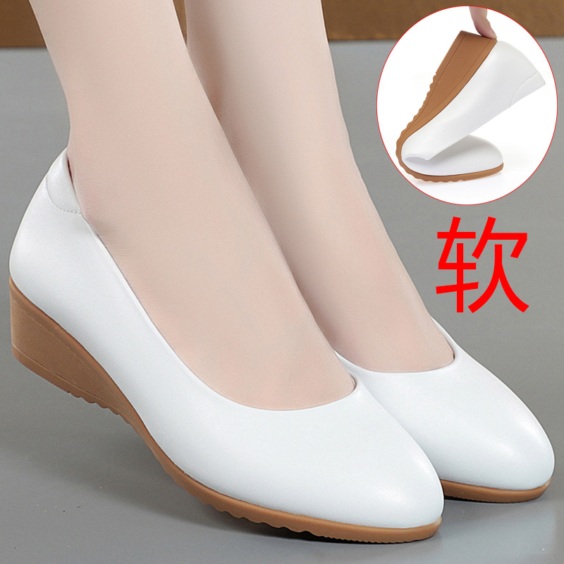 t久站不累脚真皮软底白色美容院上班工作鞋皮鞋护士鞋平底单鞋女