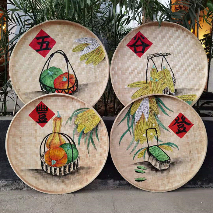 手绘竹编簸箕画农家乐装饰农耕文化美丽乡村田园墙面墙壁挂饰挂件