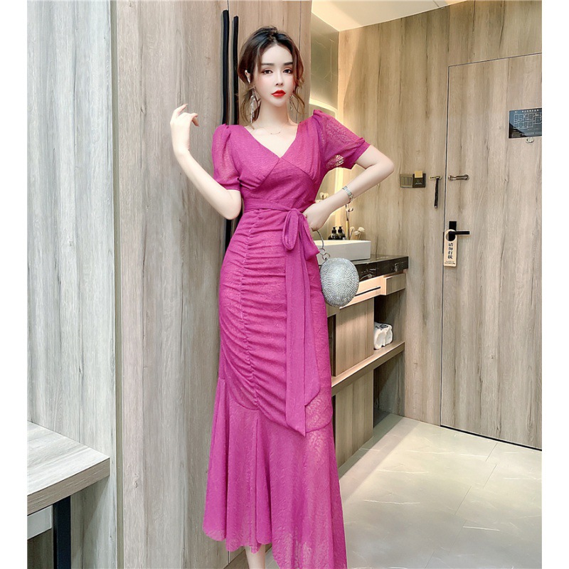 休闲夏装别致惊艳优雅礼服裙子修身显瘦绑带气质鱼尾连衣裙女