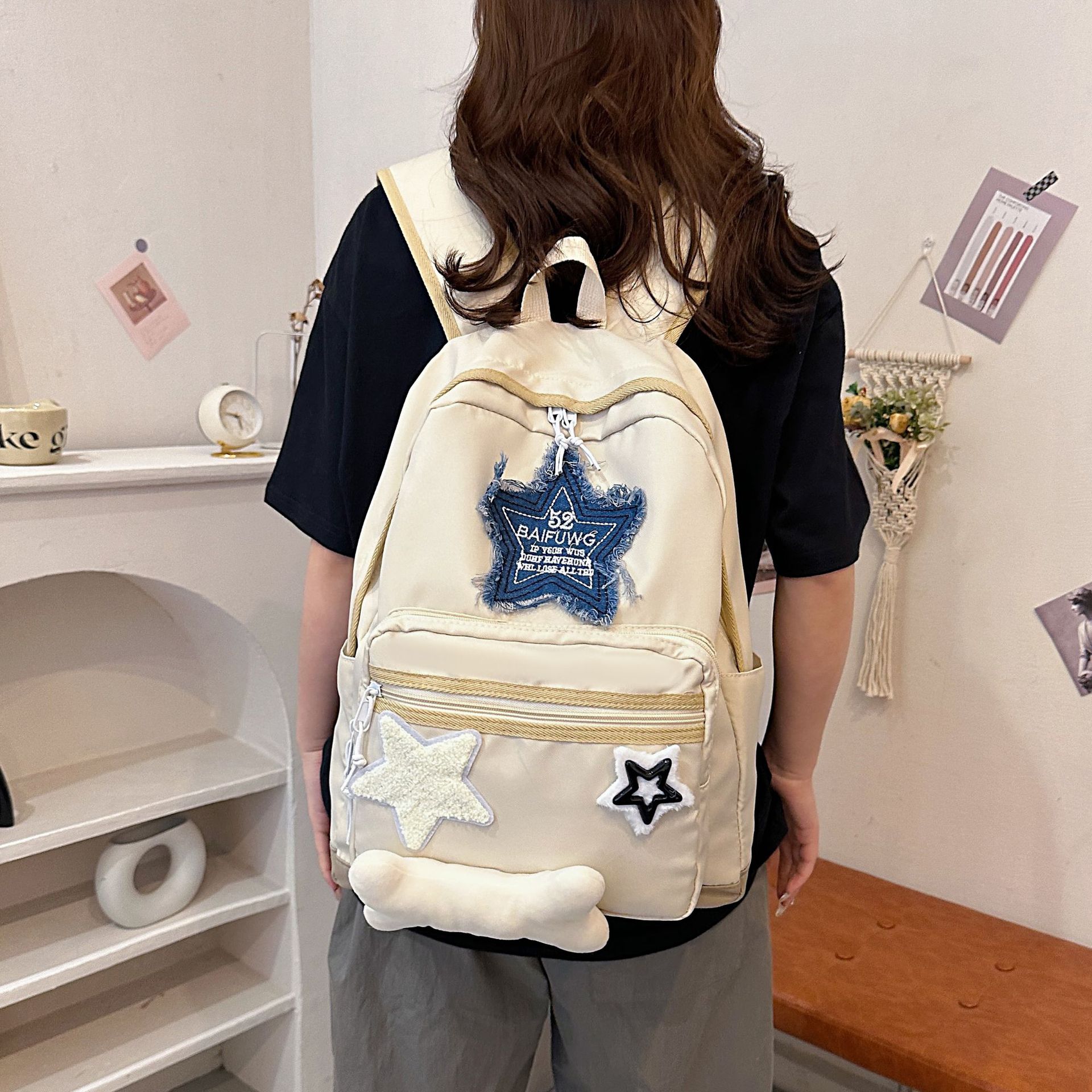 小众设计感星星贴布初中生书包女中学生高中生大学生轻便双肩包女
