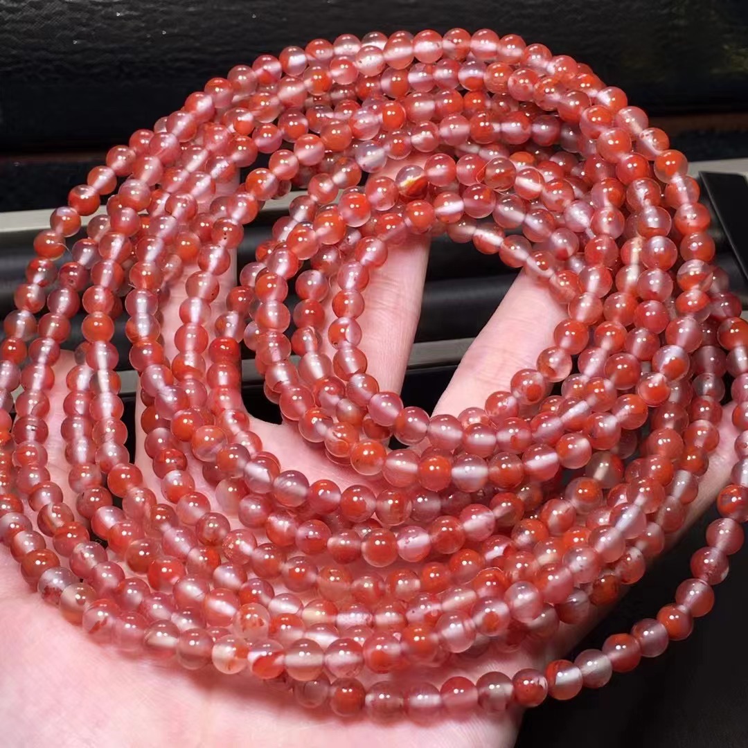 厂家批发 天然凉山南红瓦西料冰飘圆珠多圈手链 鸡血红 性价比高