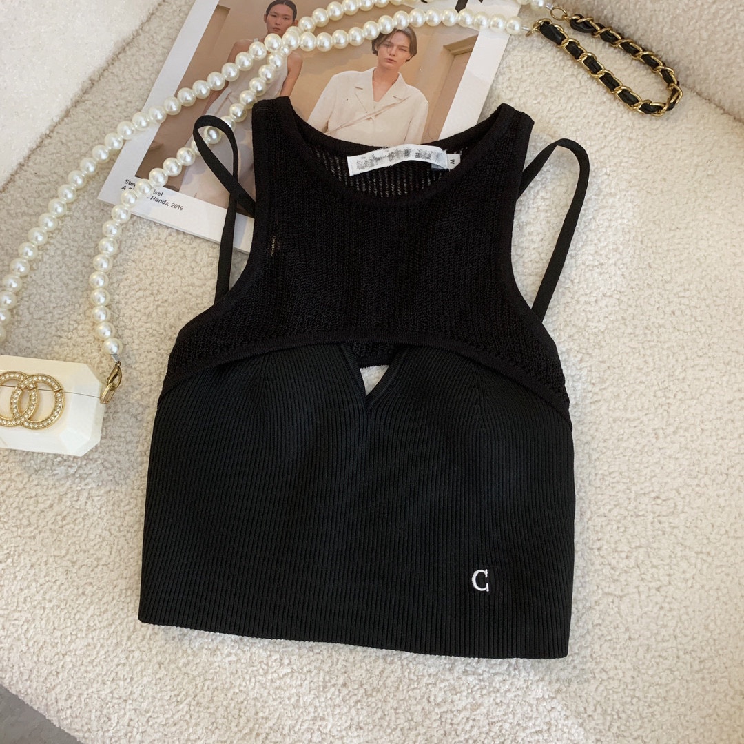 jennie同款c家吊带背心短袖女螺纹针织刺绣修身显瘦露背女-阿里巴巴
