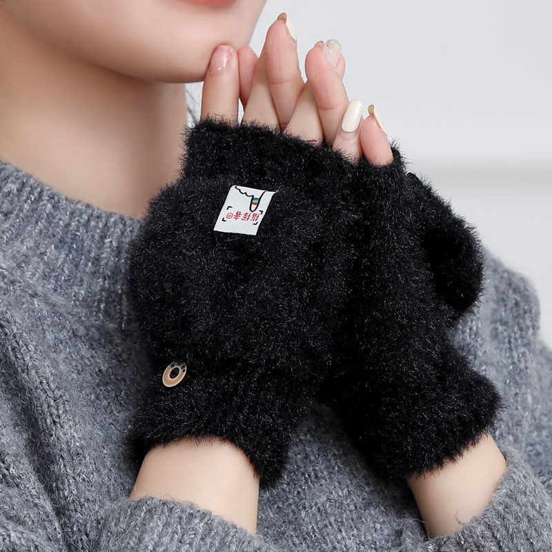 New Plush Winter Half Finger Flip Warm Thickened Factory Finger Leakage Imitation Mink Knitted Student Writing Gloves