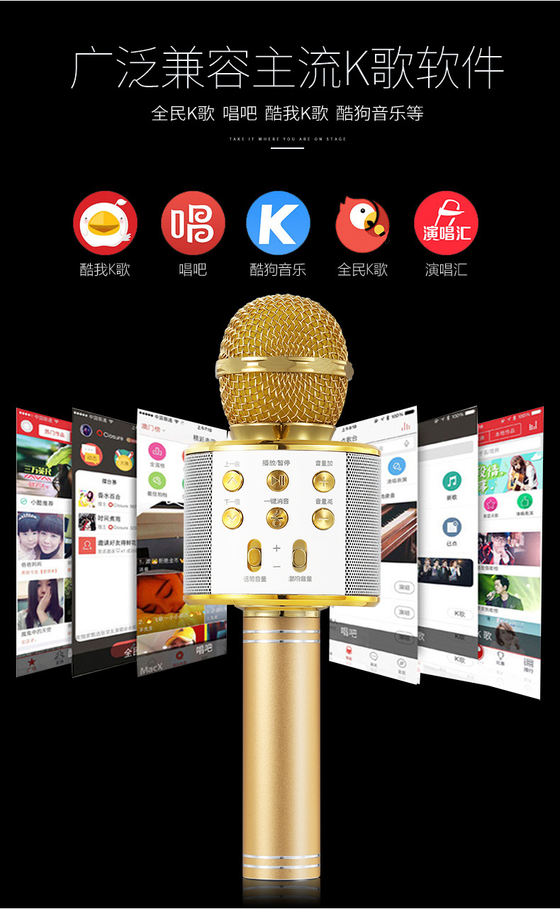 ws858家用k歌手机直播声卡自带话筒音响一体蓝牙无线 麦克风