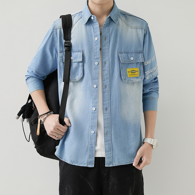 春秋时尚牛仔衬衫男翻领休闲百搭简约工装男士长袖牛仔衣潮流外套