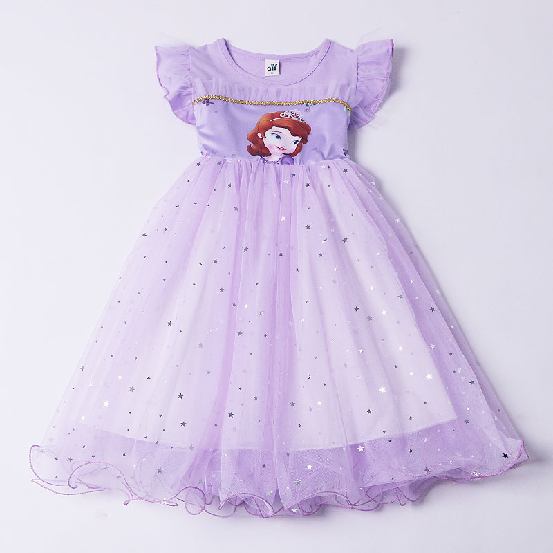2021春夏季动漫苏菲亚公主裙子卡通女童连衣裙紫色纯色闪片飞飞袖