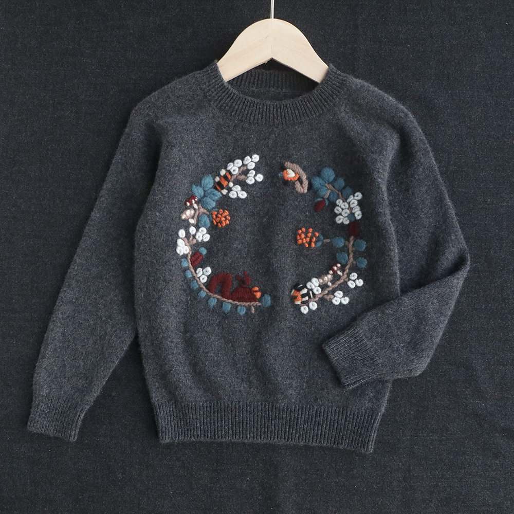 直供 女童羊绒衫插肩袖纯手工绣花女宝羊毛衫打底外穿毛衣加厚冬