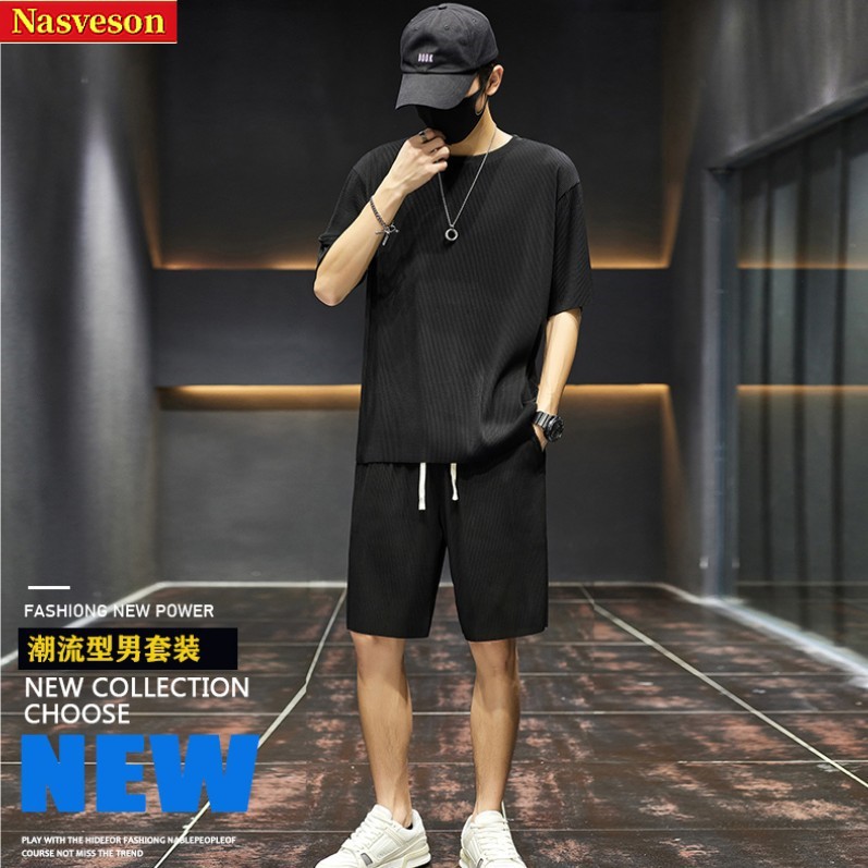 Trendy Sports Suit Men's Summer Light Business Men's Short-Sleeved Casual Suit Ice Silk Quick-Drying Thin Shorts Suit Men