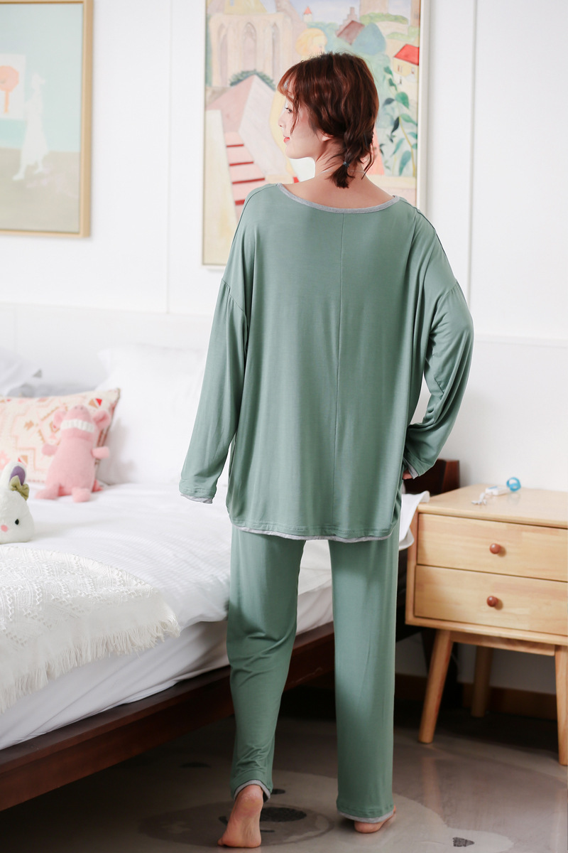 莫代尔家居服女夏季薄款睡衣睡裤2件套宽松长袖t恤休闲阔腿裤套装