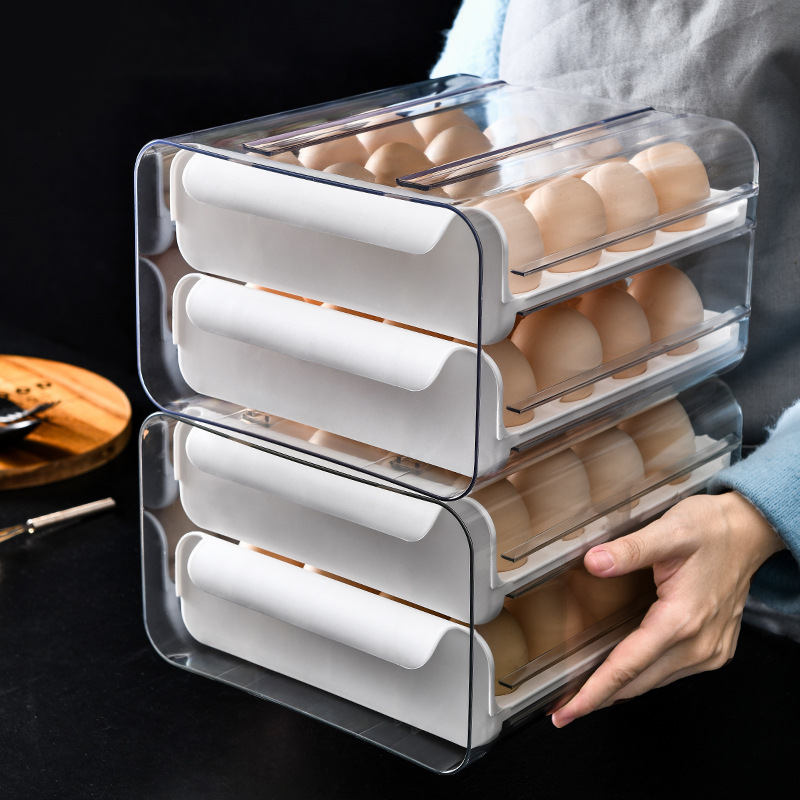 32-Grid Egg Storage Box Double-Layer Organizing Egg Storage Box Drawer Crisper Kitchen Refrigerator Egg Storage Box 0714