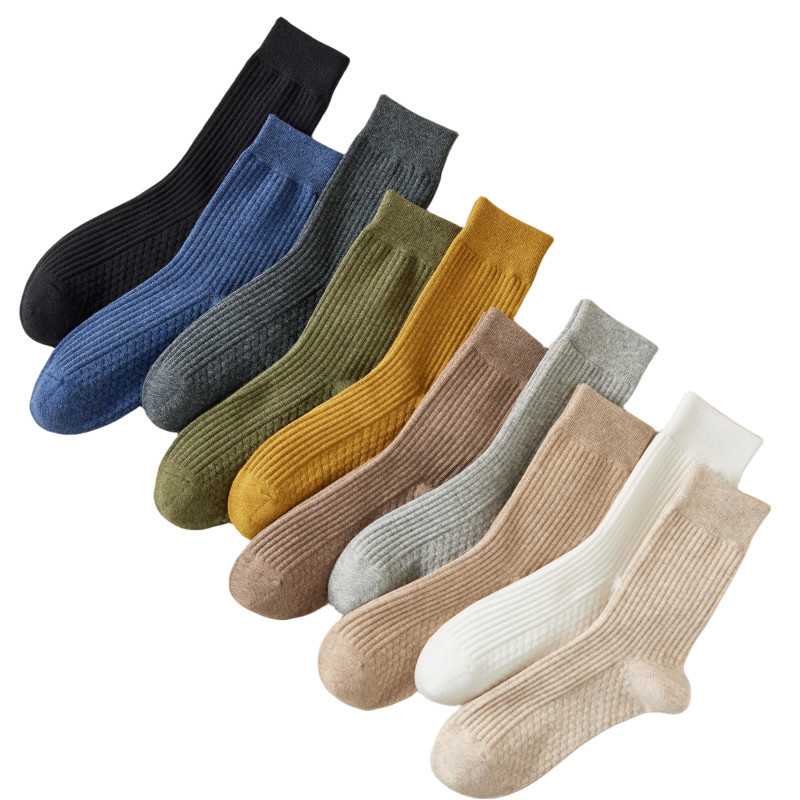 New Socks Men's Autumn and Winter Stockings Solid Color Business Men's Vertical Stripes Mid-High Tube Cotton Socks Sweat-Absorbent Breathable Seamless Socks