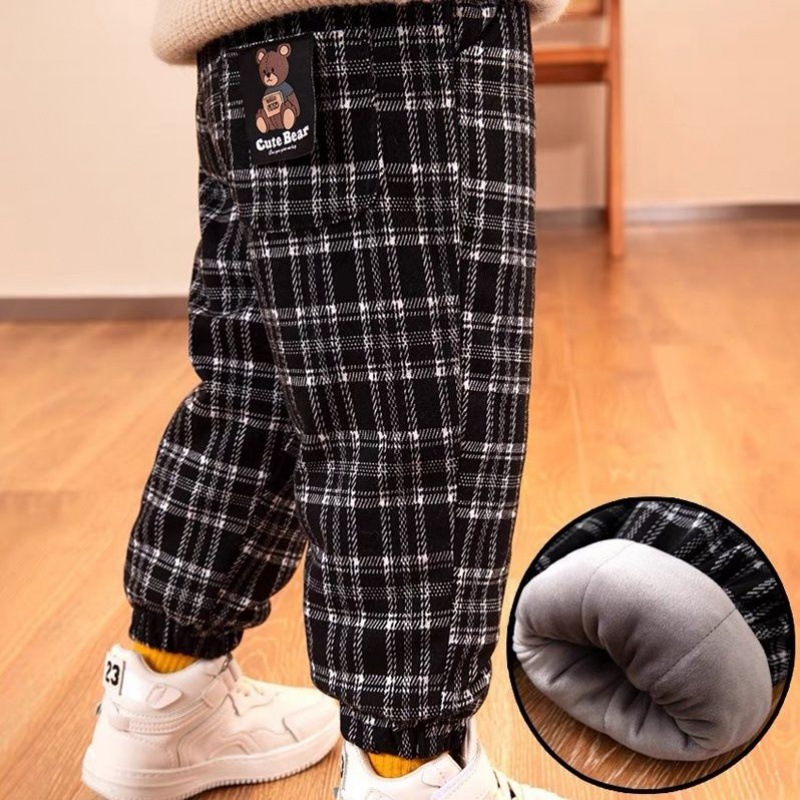 一条过冬儿童加绒格子裤子三层加厚夹棉裤女童男童男宝宝外穿冬季