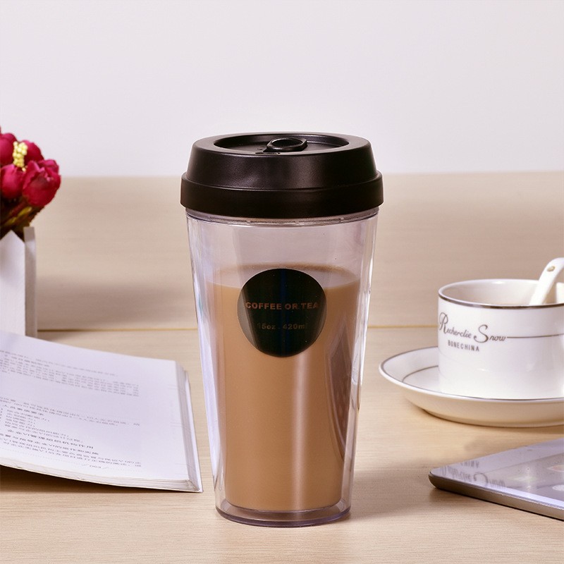 学生双层隔热透明咖啡奶茶随手杯男女士大容量推盖塑料直饮水杯子