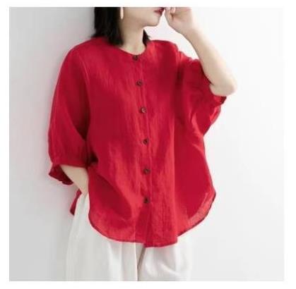 2023 New Cotton and Linen Shirt Women Lantern Sleeve Retro Artistic Top plus Size Loose Half Sleeve Shirt Women