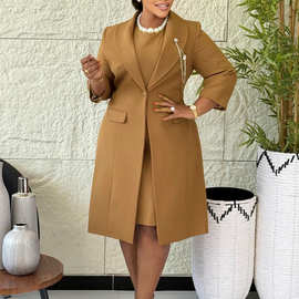 D610欧美女装优雅弹力修身纯色西服外套吊带裙两件套非洲时尚套装