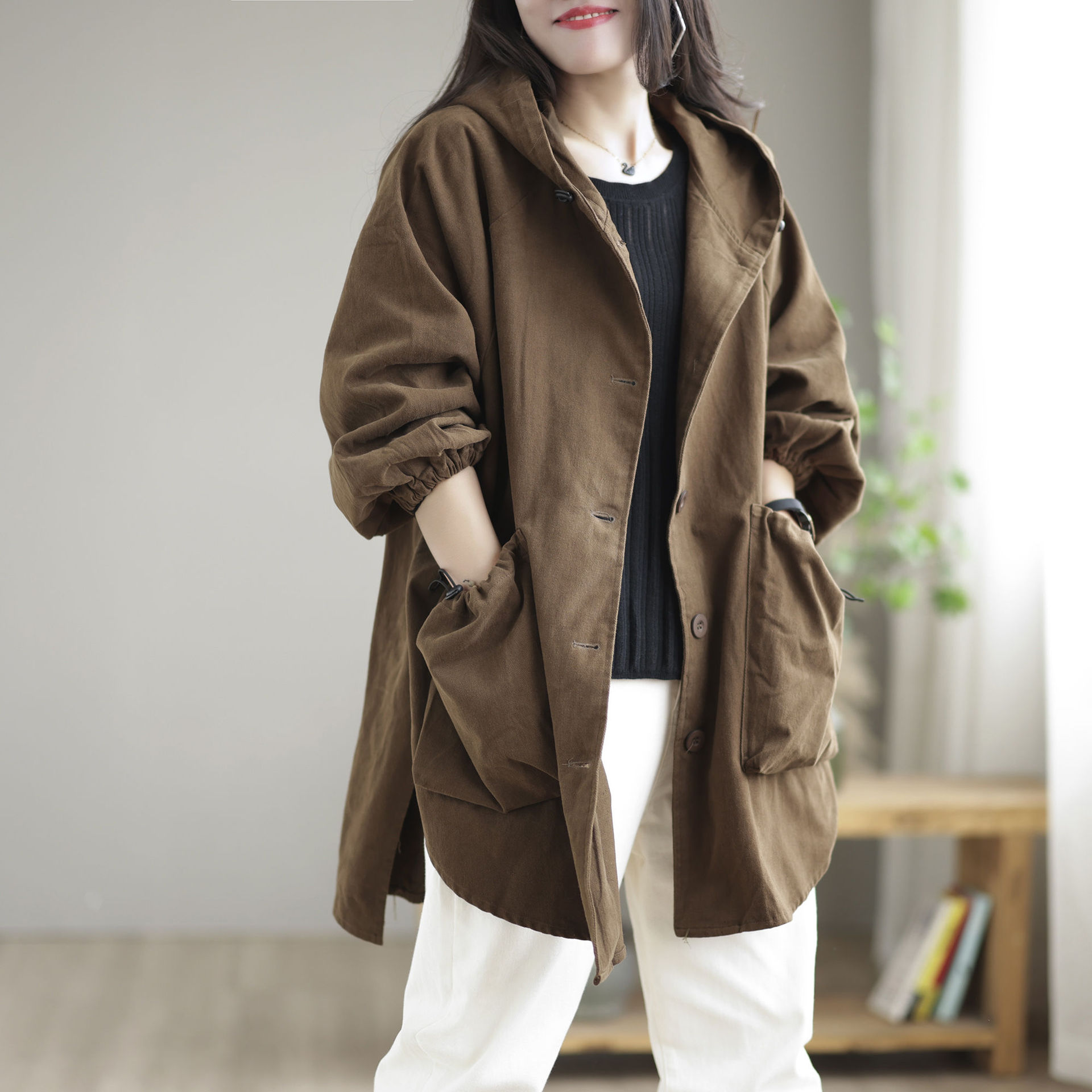 外套女秋装新款2022女士上衣宽松复古大码中长款纯色棉质休闲女装