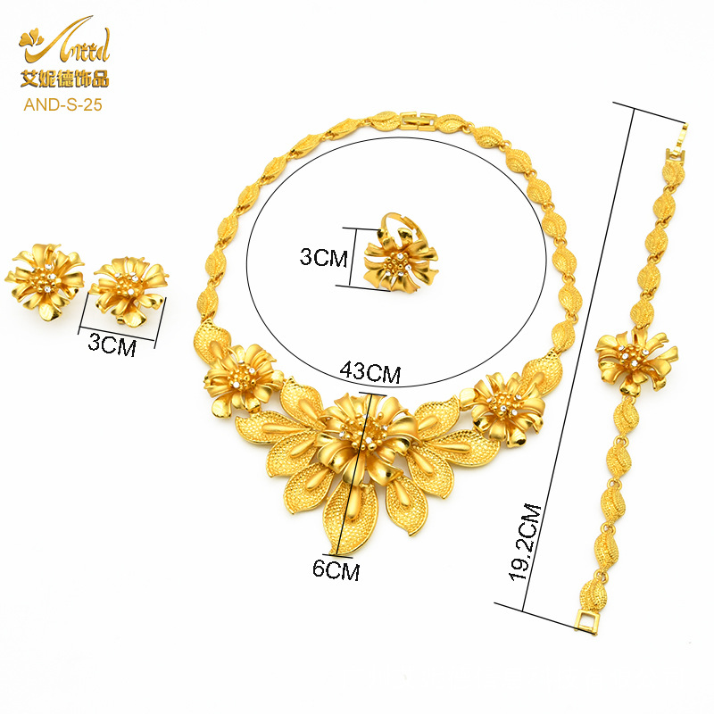 Cross-Border Dubai 24K Gold Jewelry Set Bridal Wedding Necklace Ring Earring Bracelet Ornament 4 Pcs Set