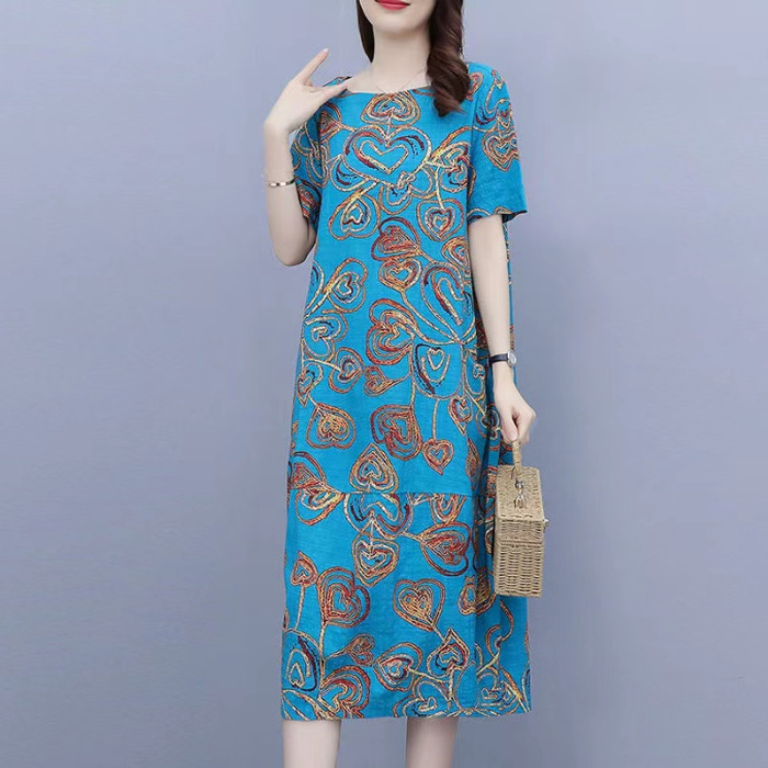 2023 Summer New Dress Best-Seller on Douyin Loose plus Size Women's Clothing Short Sleeve Printed Middle-Aged Mom Dress