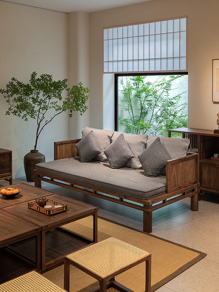 三山一舍新中式禅意黑胡桃木红木布艺实木沙发组合三人双人位客厅