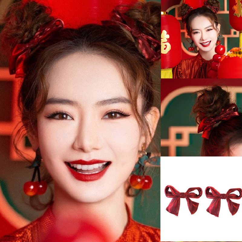 戚薇直播同款酒红色蝴蝶结发夹对夹双丸子头发饰日韩网红发卡边夹