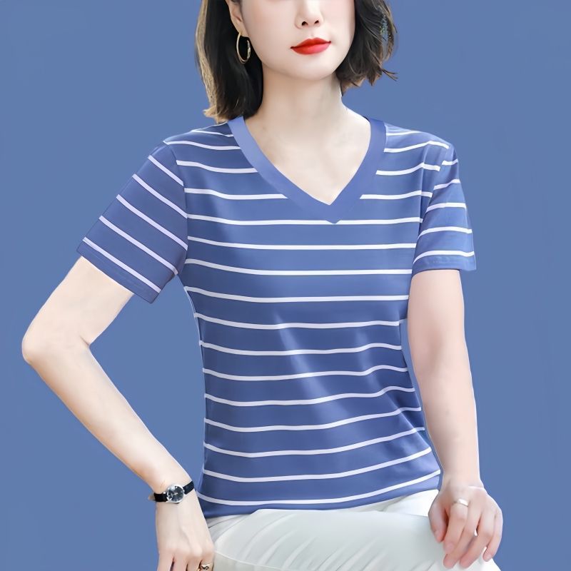 新款纯棉蓝色条纹短袖恤女夏半袖上衣大码女装正肩体恤汗衫-阿里巴巴